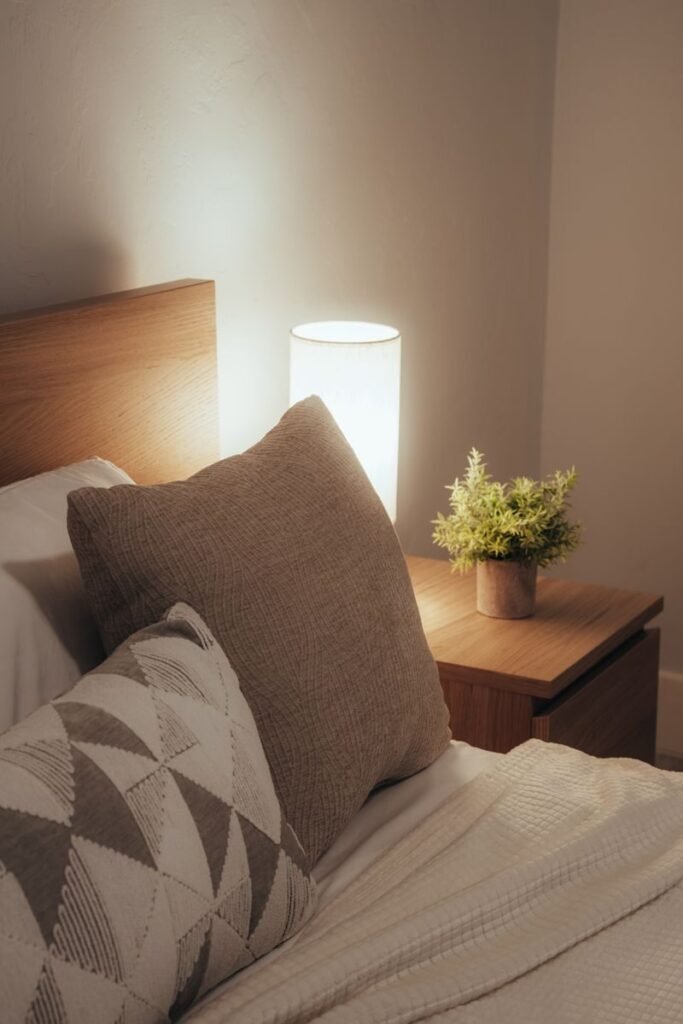 Bedside table with a lamp in a calm bedroom