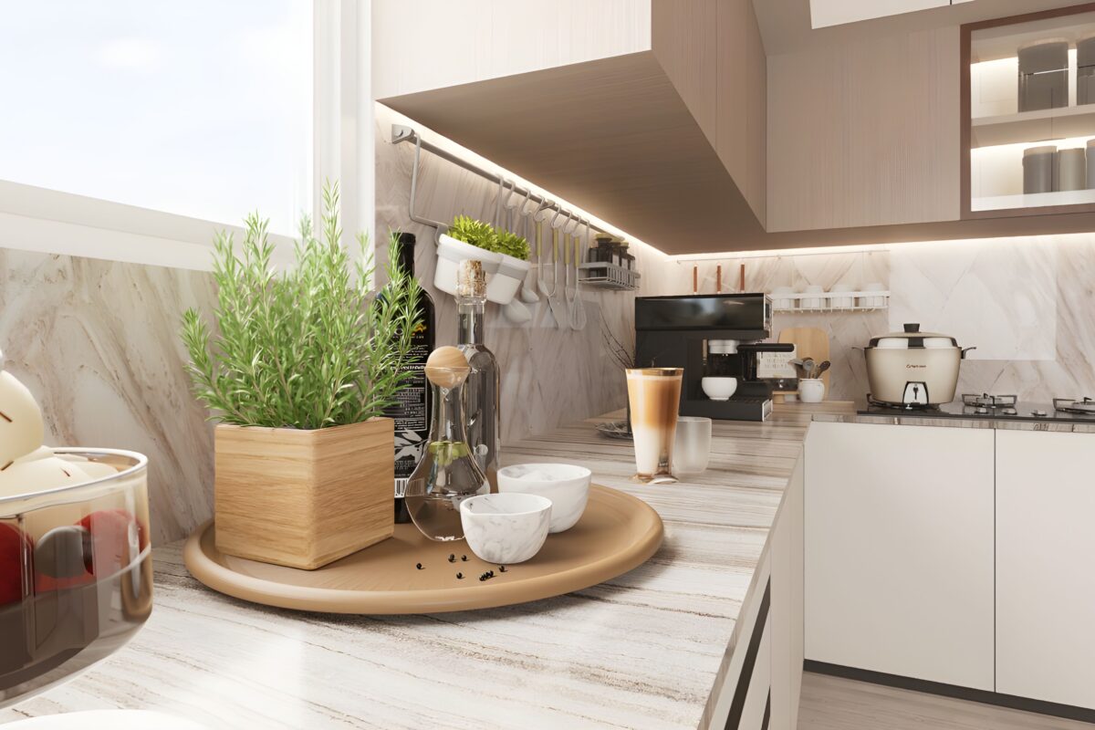 Bright kitchen with a coffee corner, potted herbs on the counter and white cabinets